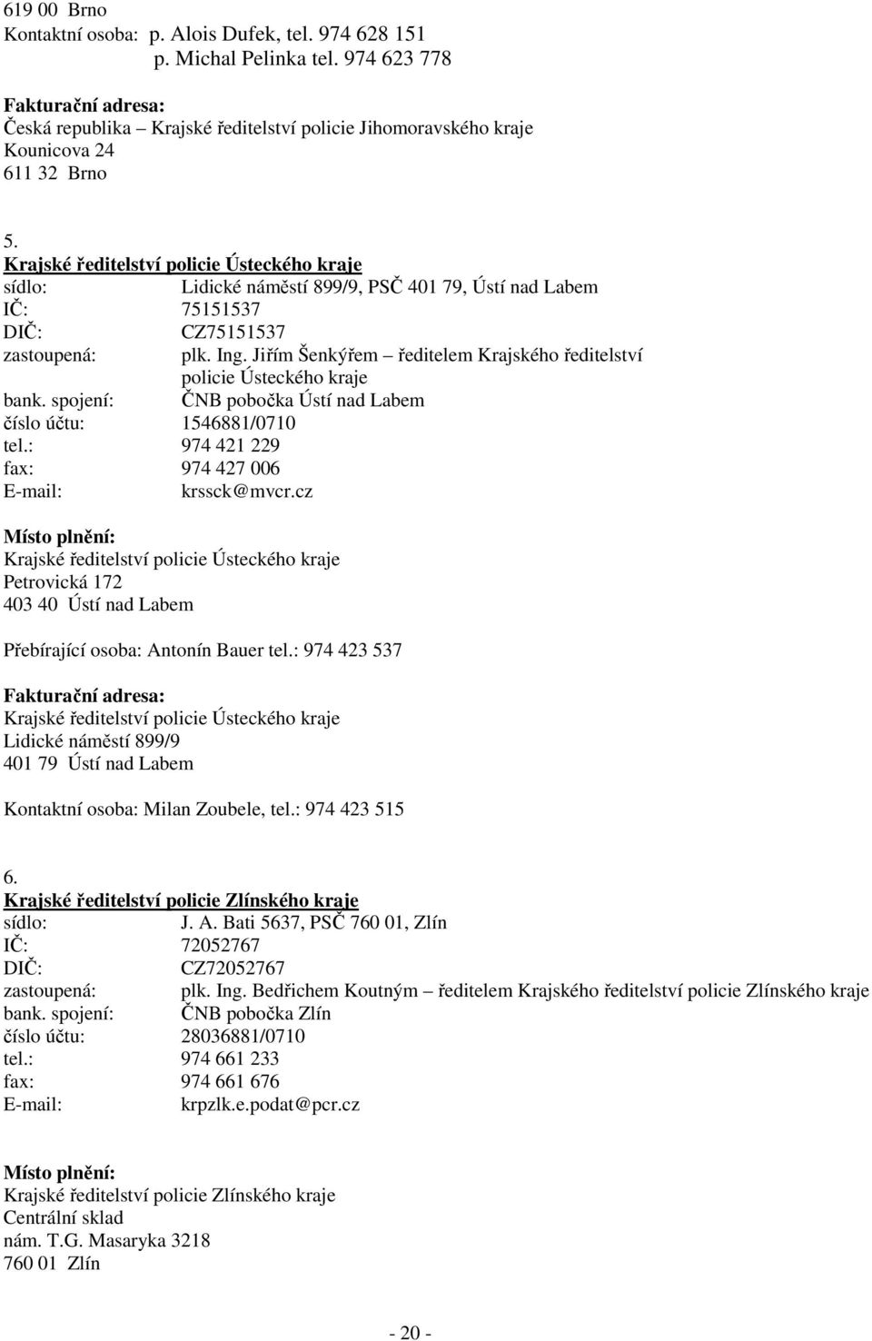 Krajské ředitelství policie Ústeckého kraje sídlo: Lidické náměstí 899/9, PSČ 401 79, Ústí nad Labem IČ: 75151537 DIČ: CZ75151537 zastoupená: plk. Ing.