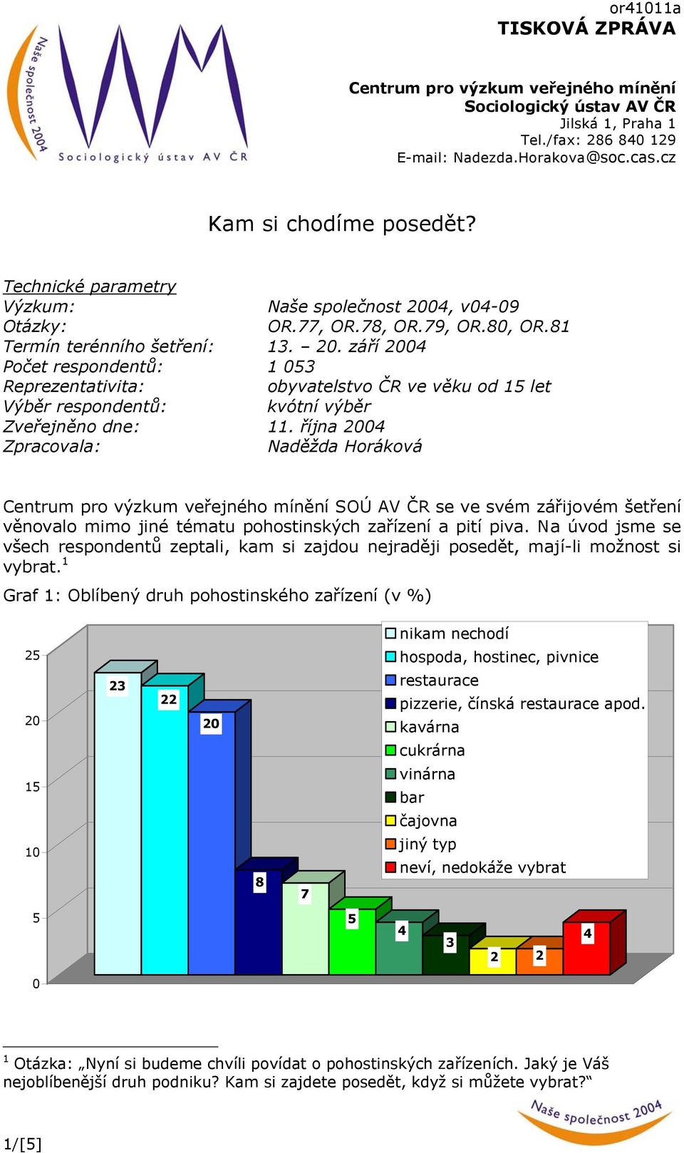 října 2004 Zpracovala: Naděžda Horáková Centrum pro výzkum veřejného mínění SOÚ AV ČR se ve svém zářijovém šetření věnovalo mimo jiné tématu pohostinských zařízení a pití piva.