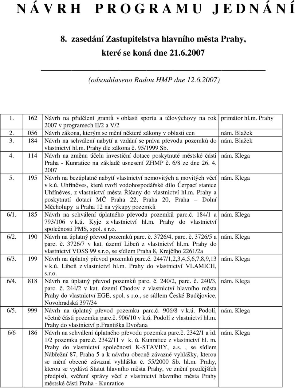 184 Návrh na schválení nabytí a vzdání se práva převodu pozemků do nám. Blažek vlastnictví hl.m. Prahy dle zákona č. 95/1999 Sb. 4.