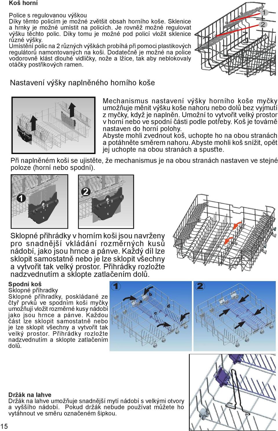 Dodatečně je možné na police vodorovně klást dlouhé vidličky, nože a lžíce, tak aby neblokovaly otáčky postřikových ramen.