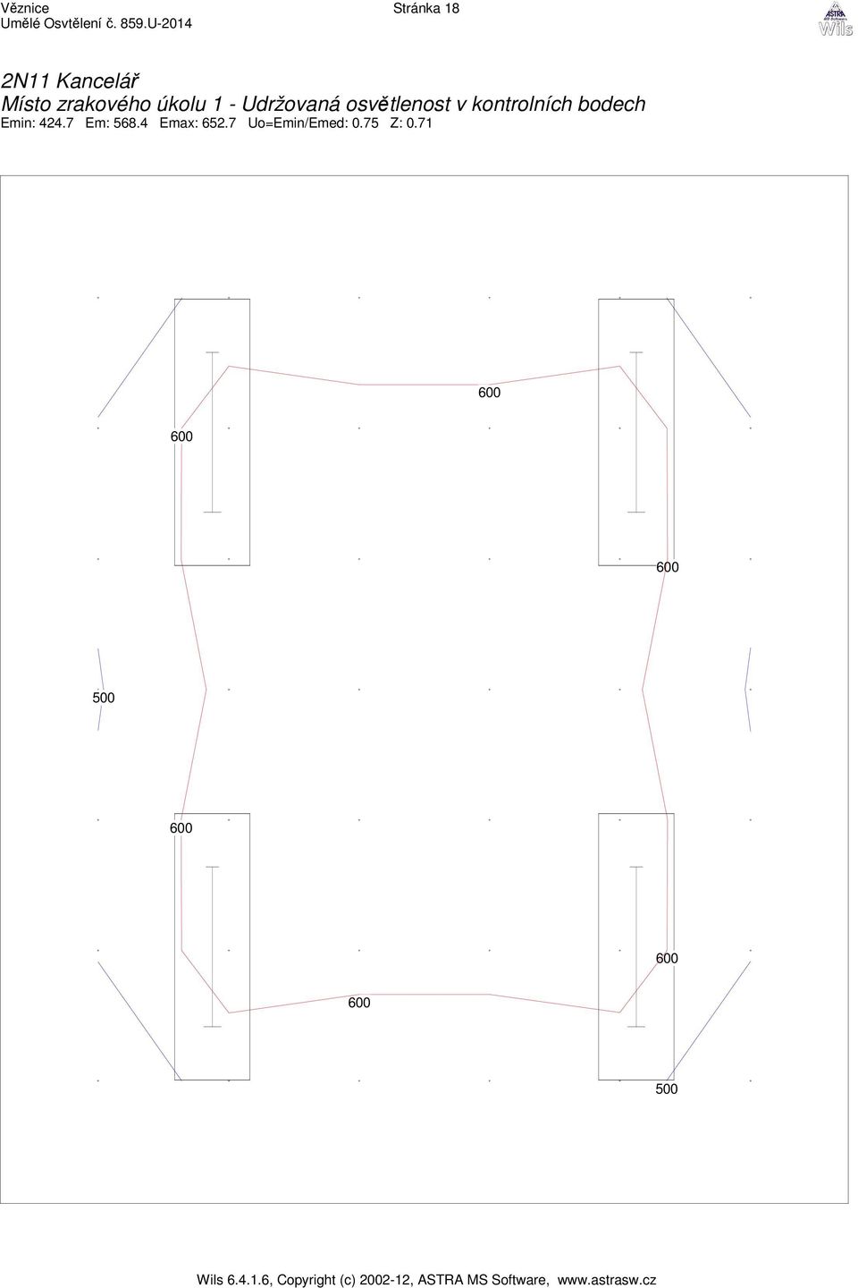 osvětlenost v kontrolních bodech Emin: 424.7 Em: 568.4 Emax: 652.