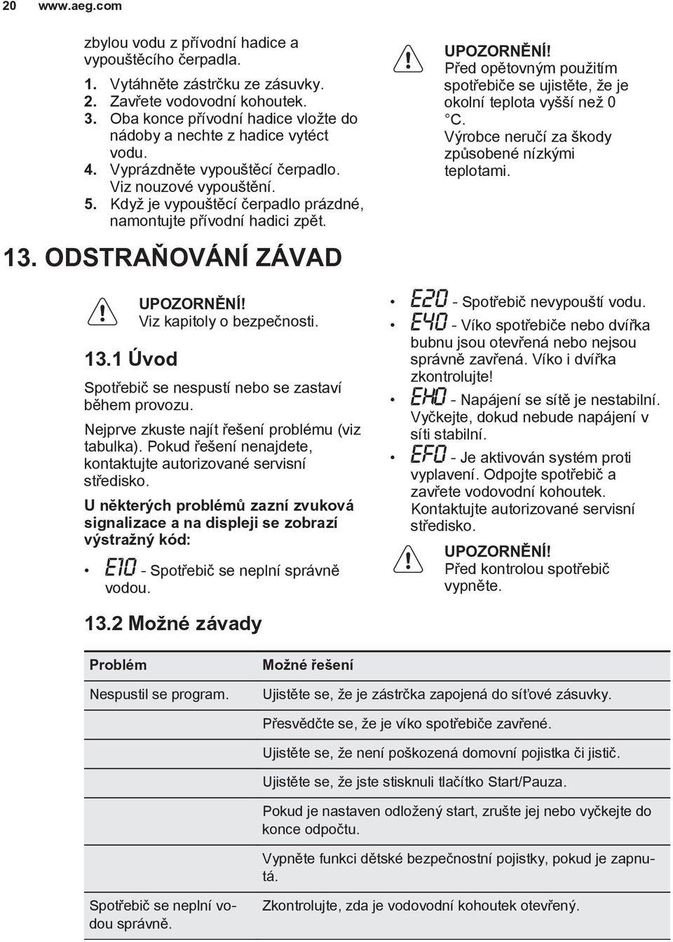 Viz kapitoly o bezpečnosti. Spotřebič se nespustí nebo se zastaví během provozu. Nejprve zkuste najít řešení problému (viz tabulka).