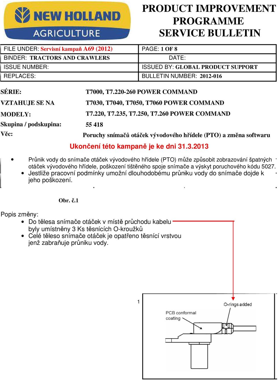 260 POWER COMMAND 55 418 Poruchy snímačů otáček vývodového hřídele (PTO) a změna softwaru Ukončení této kampaně je ke dni 31