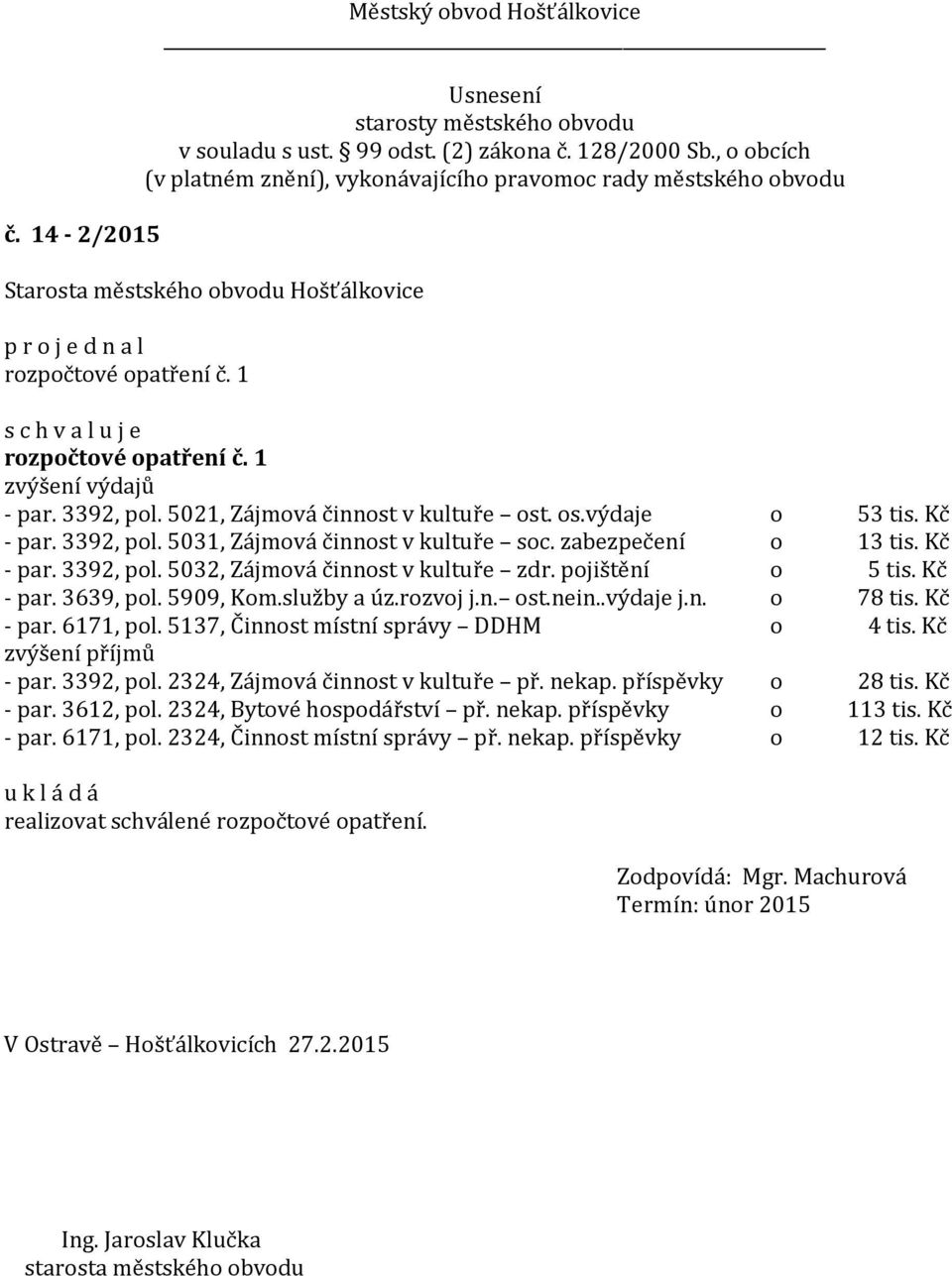 5137, Činnost místní správy DDHM o 4 tis. Kč zvýšení příjmů - par. 3392, pol. 2324, Zájmová činnost v kultuře př. nekap. příspěvky o 28 tis. Kč - par. 3612, pol. 2324, Bytové hospodářství př. nekap. příspěvky o 113 tis.