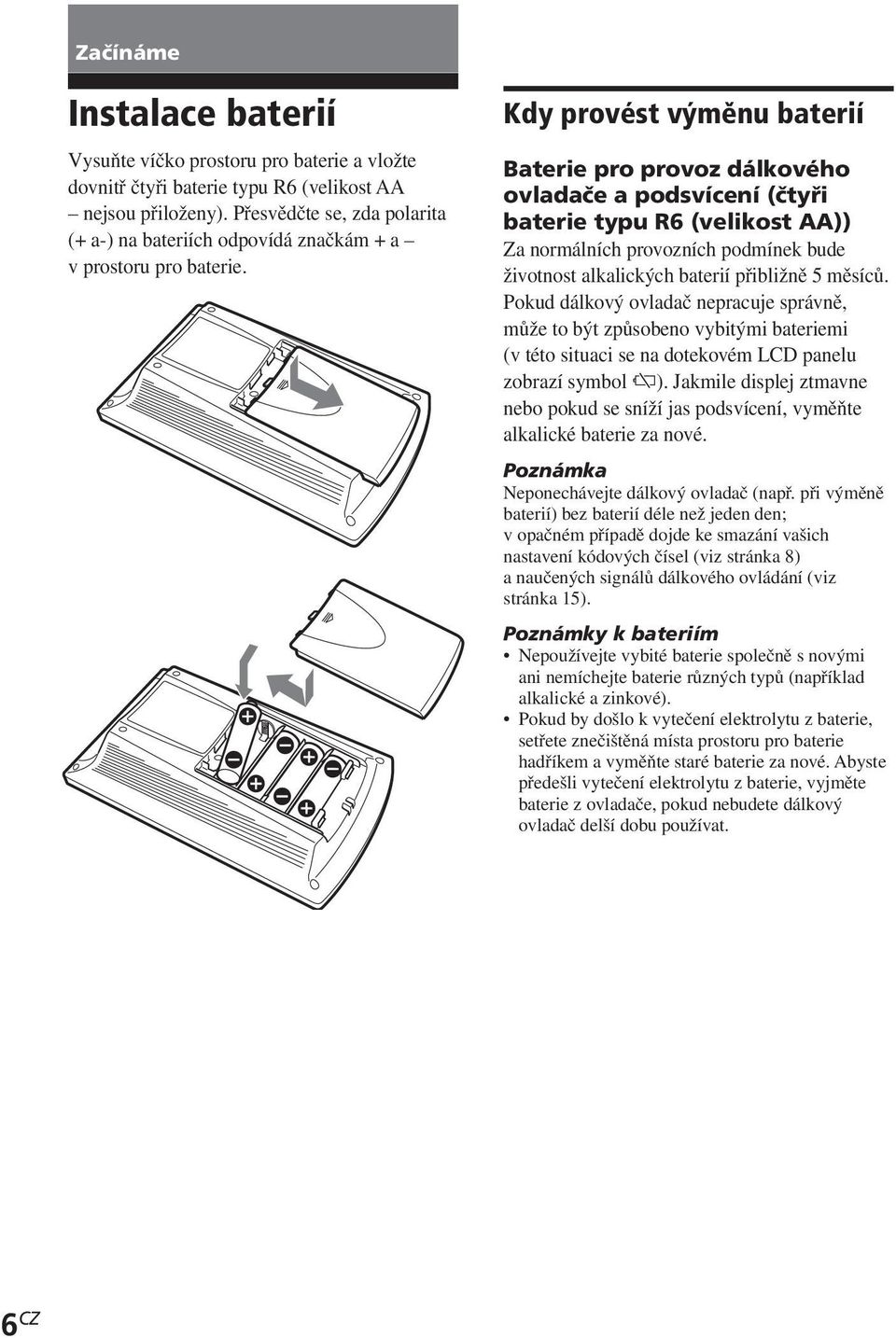 Kdy provést výměnu baterií Baterie pro provoz dálkového ovladače a podsvícení (čtyři baterie typu R6 (velikost AA)) Za normálních provozních podmínek bude životnost alkalických baterií přibližně 5