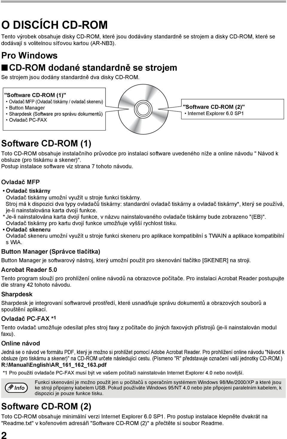 "Software CD-ROM ()" Ovladač MFP (Ovladač tiskárny / ovladač skeneru) Button Manager Sharpdesk (Software pro správu dokumentů) Ovladač PC-FAX "Software CD-ROM ()" Internet Explorer 6.