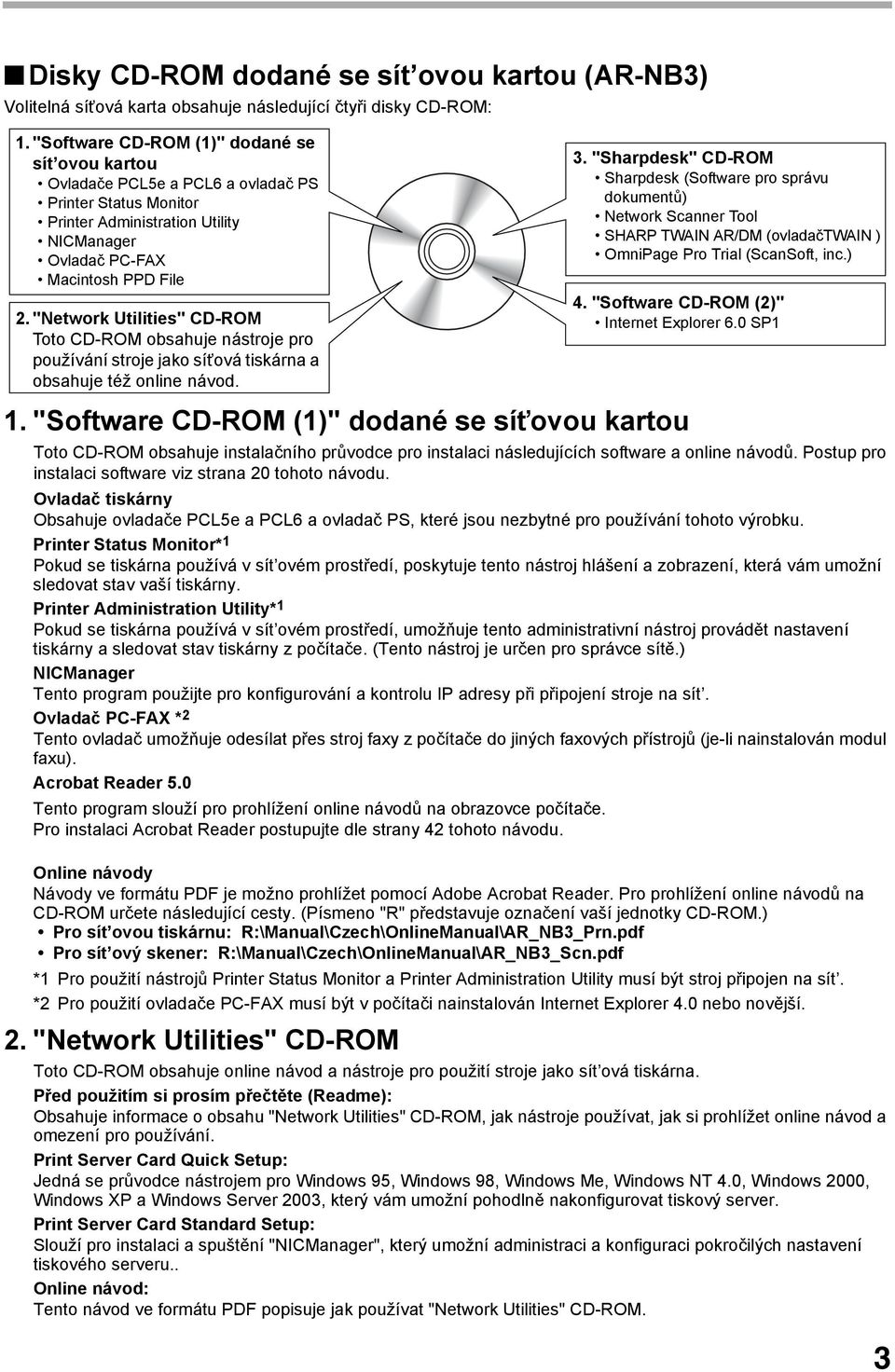 "Network Utilities" CD-ROM Toto CD-ROM obsahuje nástroje pro používání stroje jako síťová tiskárna a obsahuje též online návod.