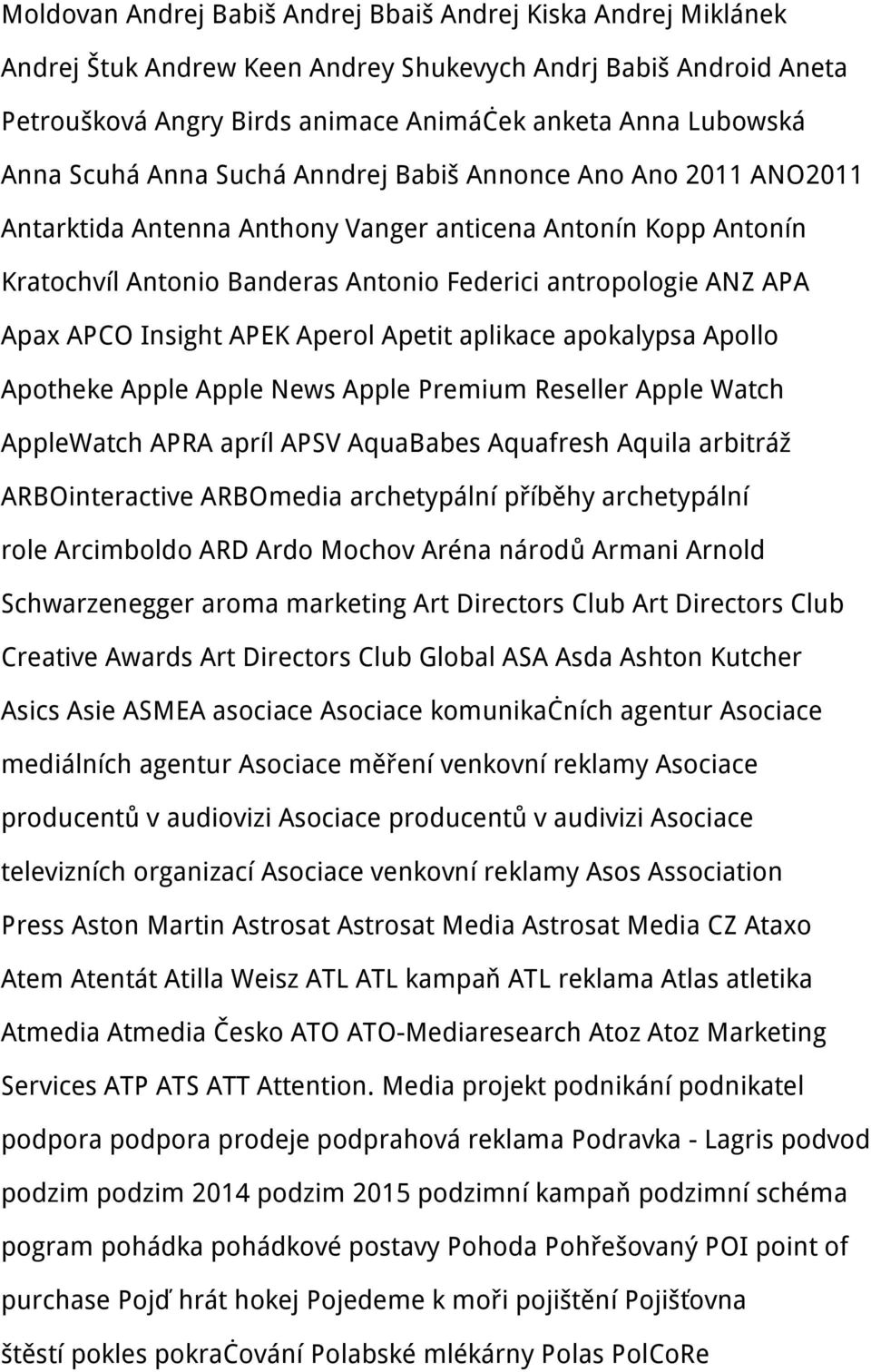 Insight APEK Aperol Apetit aplikace apokalypsa Apollo Apotheke Apple Apple News Apple Premium Reseller Apple Watch AppleWatch APRA apríl APSV AquaBabes Aquafresh Aquila arbitráž ARBOinteractive