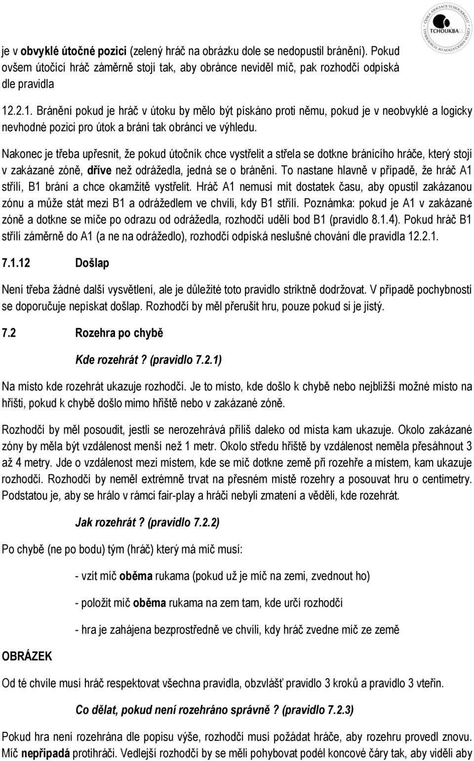 Nakonec je třeba upřesnit, že pokud útočník chce vystřelit a střela se dotkne bránícího hráče, který stojí v zakázané zóně, dříve než odrážedla, jedná se o bránění.