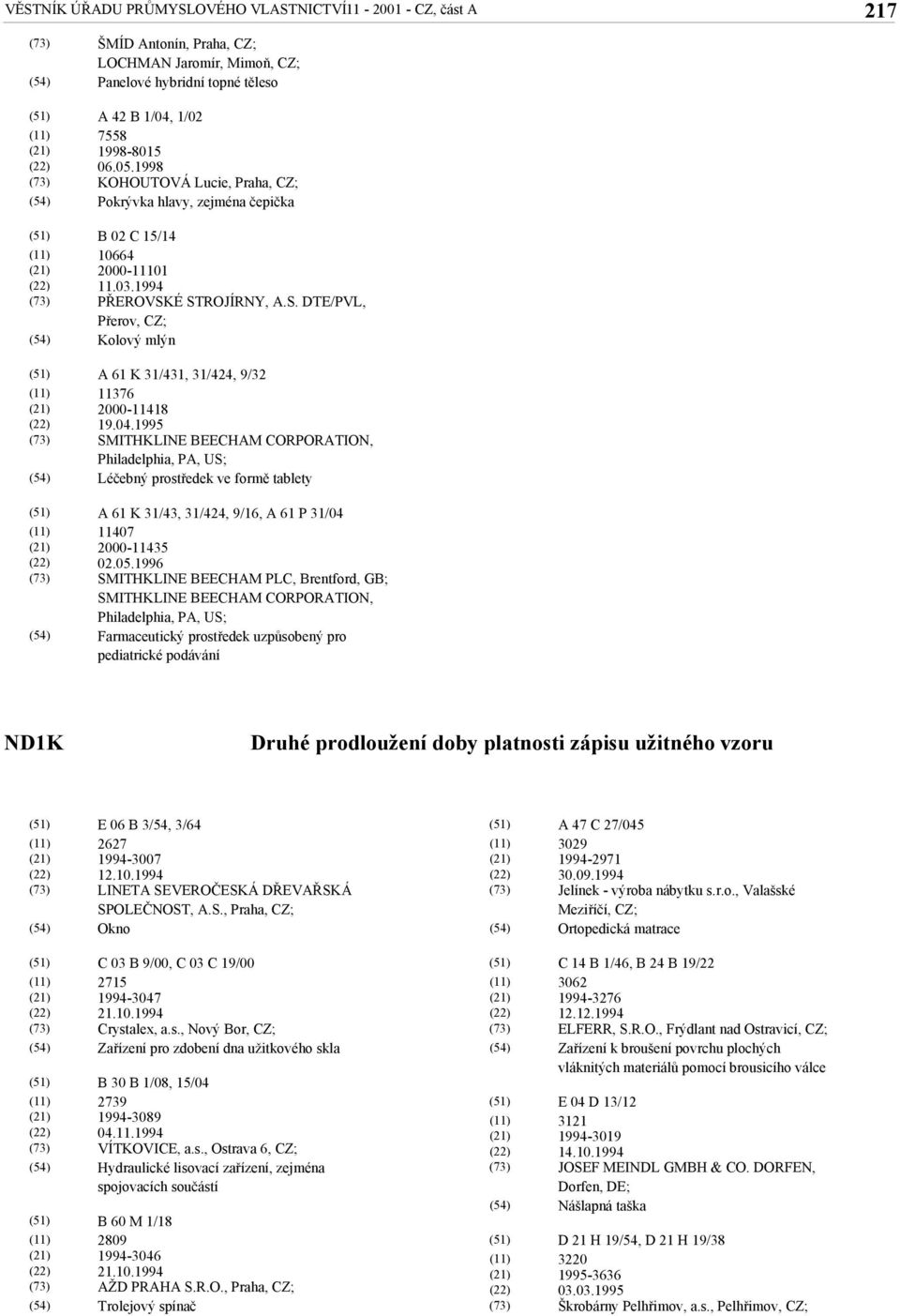 04.1995 SMITHKLINE BEECHAM CORPORATION, Philadelphia, PA, US; Léčebný prostředek ve formě tablety A 61 K 31/43, 31/424, 9/16, A 61 P 31/04 11407 2000-11435 02.05.