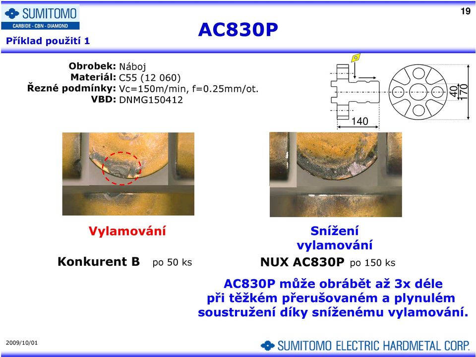 VBD: DNMG150412 40 170 140 Vylamování Snížení vylamování Konkurent B po