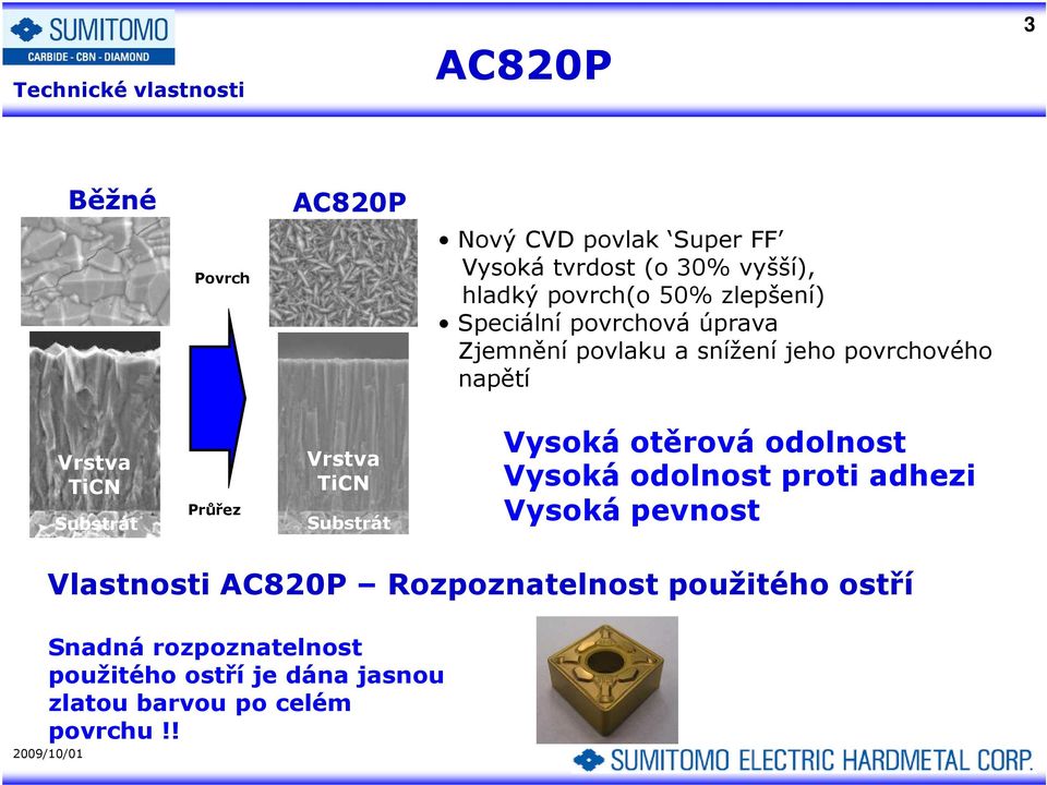 Průřez Vrstva TiCN Substrát Vysoká otěrová odolnost Vysoká odolnost proti adhezi Vysoká pevnost Vlastnosti