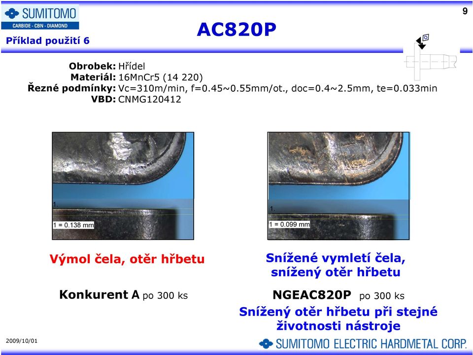 033min VBD: CNMG120412 Výmol čela, otěr hřbetu Konkurent A po 300 ks Snížené