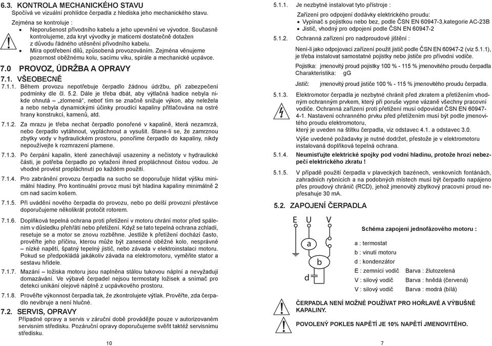 Zejména věnujeme pozornost oběžnému kolu, sacímu víku, spirále a mechanické ucpávce. 7.0 PROVOZ, ÚDRŽBA A OPRAVY 7.1. VŠEOBECNĚ 7.1.1. Během provozu nepotřebuje čerpadlo žádnou údržbu, při zabezpečení podmínky dle čl.