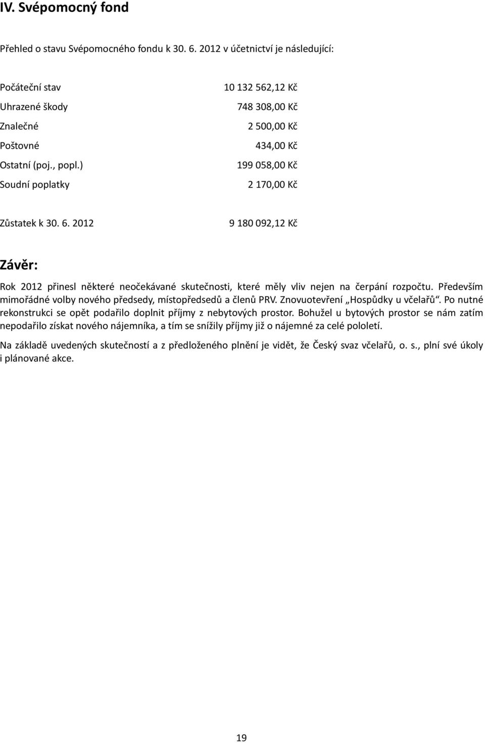 2012 9 180 092,12 Kč Závěr: Rok 2012 přinesl některé neočekávané skutečnosti, které měly vliv nejen na čerpání rozpočtu. Především mimořádné volby nového předsedy, místopředsedů a členů PRV.