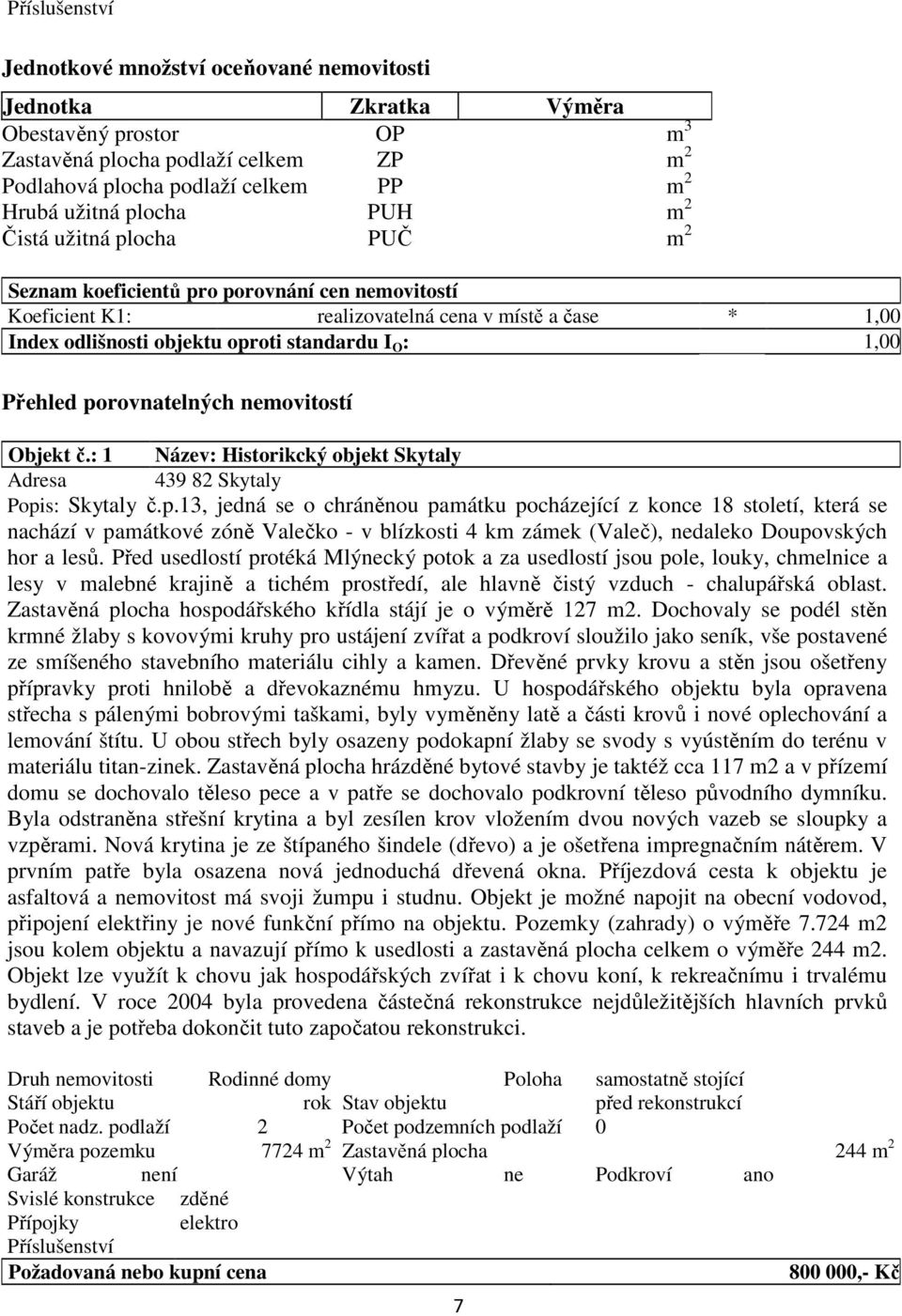 1,00 Přehled porovnatelných nemovitostí Objekt č.: 1 Název: Historikcký objekt Skytaly Adresa 439 82 Skytaly Popis: Skytaly č.p.13, jedná se o chráněnou památku pocházející z konce 18 století, která se nachází v památkové zóně Valečko - v blízkosti 4 km zámek (Valeč), nedaleko Doupovských hor a lesů.