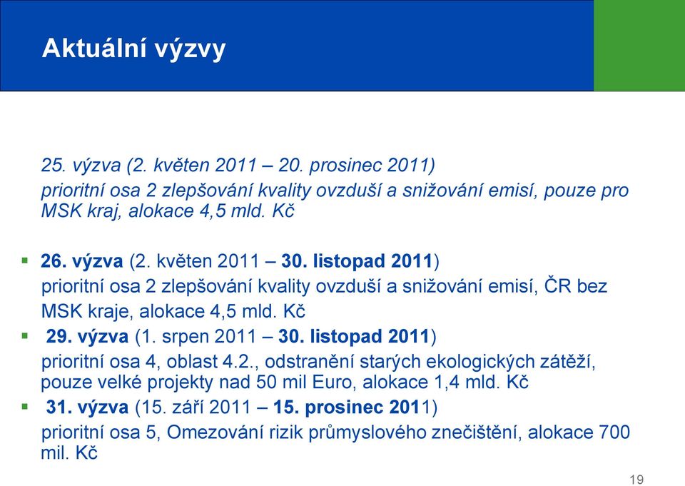 listopad 2011) prioritní osa 2 zlepšování kvality ovzduší a snižování emisí, ČR bez MSK kraje, alokace 4,5 mld. Kč 29. výzva (1. srpen 2011 30.