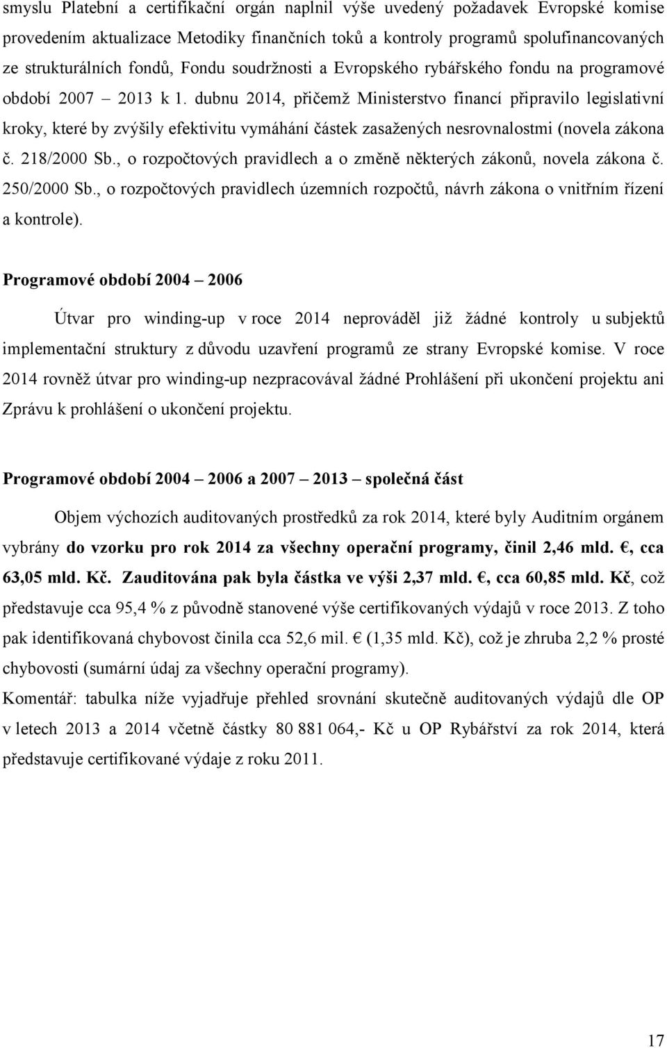 dubnu 214, přičemž Ministerstvo financí připravilo legislativní kroky, které by zvýšily efektivitu vymáhání částek zasažených nesrovnalostmi (novela zákona č. 218/2 Sb.