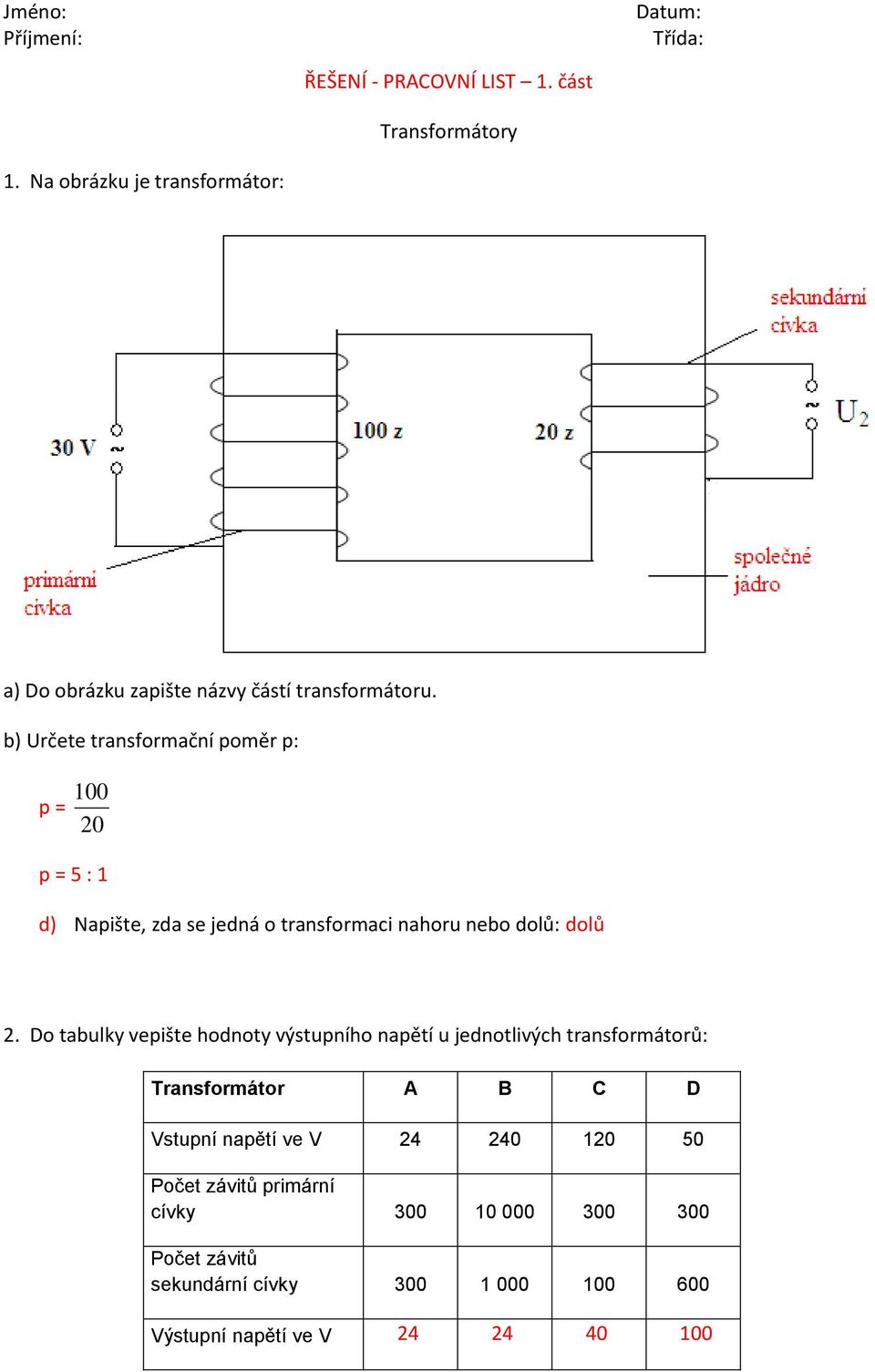 b) Určete transformační poměr p: 100 20 5 : 1 d) Napište, zda se jedná o transformaci nahoru nebo dolů: dolů 2.