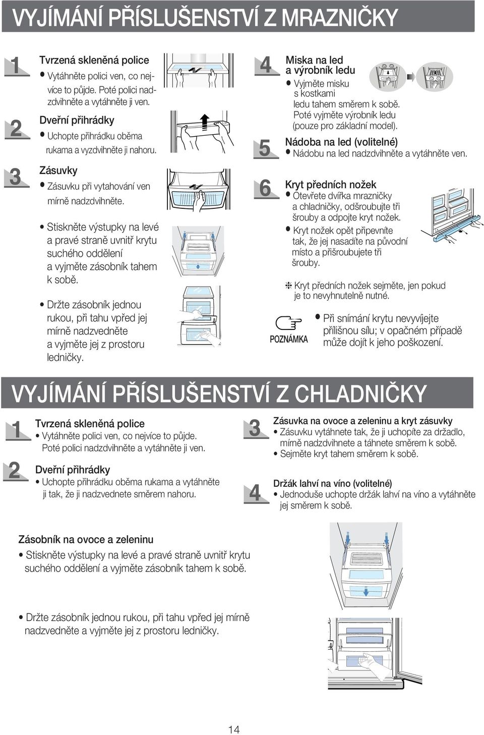 Stiskněte výstupky na levé a pravé straně uvnitř krytu suchého oddělení a vyjměte zásobník tahem k sobě.