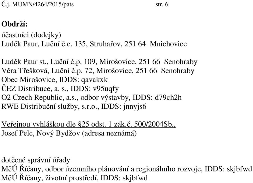 r.o., IDDS: jnnyjs6 Veřejnou vyhláškou dle 25 odst. 1 zák.č. 500/2004Sb.