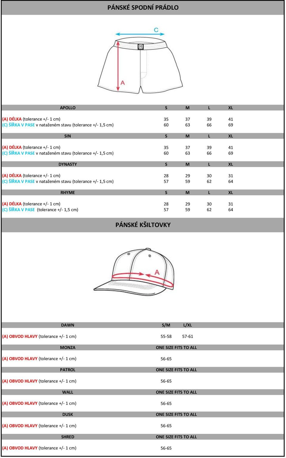 62 64 RHYME S M L XL (A) DÉLKA (tolerance +/- 1 cm) 28 29 30 31 (C) ŠÍŘKA V PASE (tolerance +/- 1,5 cm) 57 59 62 64 PÁNSKÉ KŠILTOVKY DAWN S/M L/XL (A) OBVOD HLAVY (tolerance +/- 1 cm) 55-58 57-61