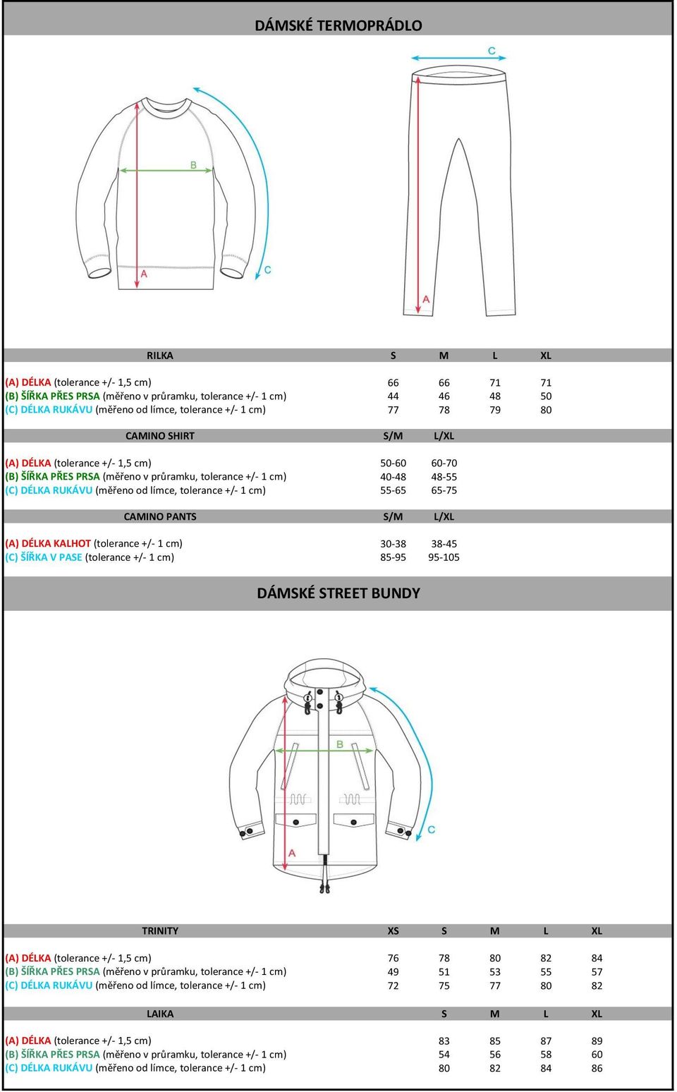 tolerance +/- 1 cm) 55-65 65-75 CAMINO PANTS S/M L/XL (A) DÉLKA KALHOT (tolerance +/- 1 cm) 30-38 38-45 (C) ŠÍŘKA V PASE (tolerance +/- 1 cm) 85-95 95-105 DÁMSKÉ STREET BUNDY TRINITY XS S M L XL (A)