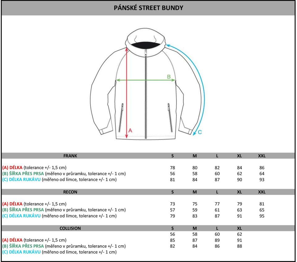 (měřeno v průramku, tolerance +/- 1 cm) 57 59 61 63 65 (C) DÉLKA RUKÁVU (měřeno od límce, tolerance +/- 1 cm) 79 83 87 91 95 COLLISION S M L XL 56 58 60 62 (A)