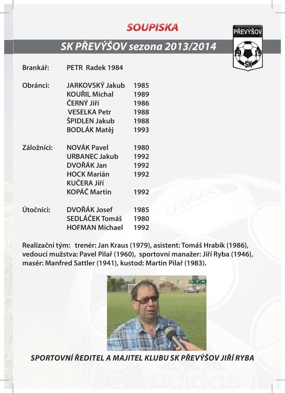 Josef 1985 SEDLÁČEK Tomáš 1980 HOFMAN Michael 1992 Realizační tým: trenér: Jan Kraus (1979), asistent: Tomáš Hrabík (1986), vedoucí mužstva: Pavel Pilař