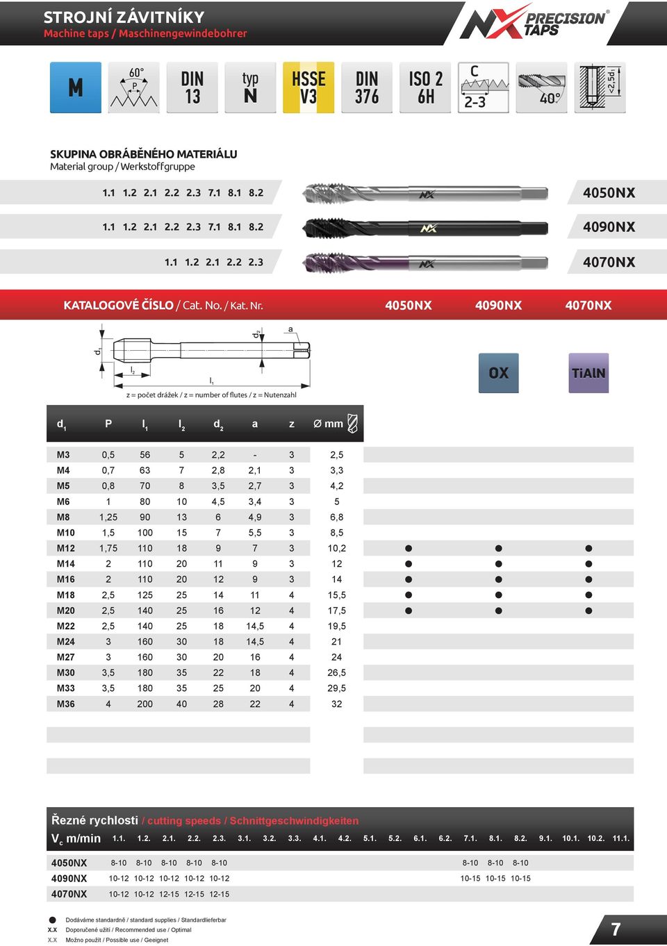 4050NX 4090NX 4070NX z = počet drážek / z = number of flutes / z = Nutenzahl d 1 P I 1 d 2 a z Ø mm M3 0,5 56 5 2,2-3 2,5 M4 0,7 63 7 2,8 2,1 3 3,3 M5 0,8 70 8 3,5 2,7 3 4,2 M6 1 80 10 4,5 3,4 3 5 M8