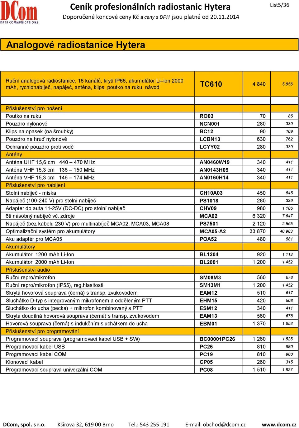 cm 440 470 MHz AN0460W19 340 411 Anténa VHF 15,3 cm 136 150 MHz AN0143H09 340 411 Anténa VHF 15,3 cm 146 174 MHz AN0160H14 340 411 Stolní nabíječ - miska CH10A03 450 545 6ti násobný nabíječ vč.