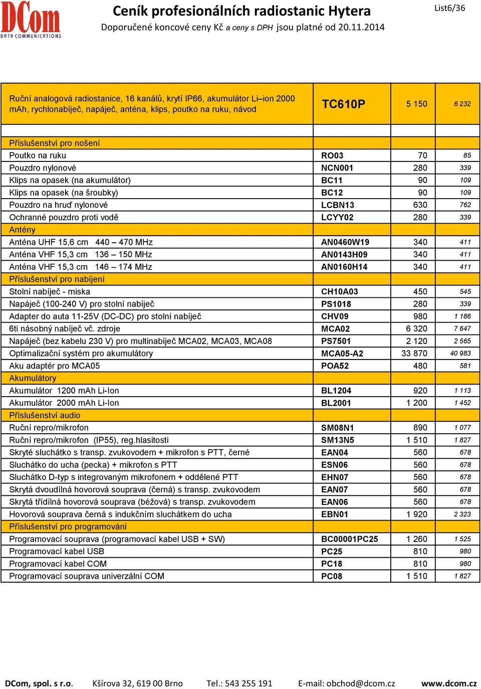 Anténa UHF 15,6 cm 440 470 MHz AN0460W19 340 411 Anténa VHF 15,3 cm 136 150 MHz AN0143H09 340 411 Anténa VHF 15,3 cm 146 174 MHz AN0160H14 340 411 Stolní nabíječ - miska CH10A03 450 545 6ti násobný