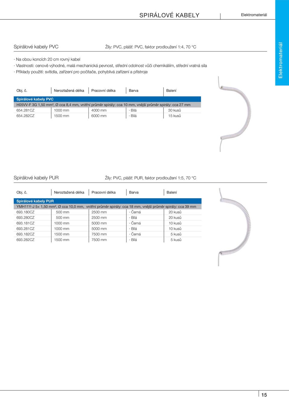 Neroztažená délka Pracovní délka Barva Balení Spirálové kabely PVC H05VV-F 3G 1,50 mm², Ø cca 8,4 mm, vnitřní průměr spirály: cca 10 mm, vnější průměr spirály: cca 27 mm 654.