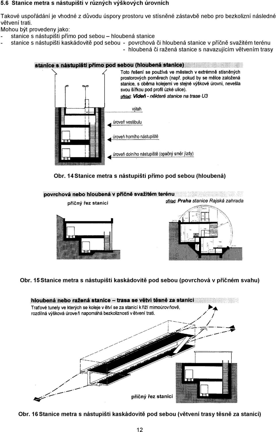 Mohou být provedeny jako: - stanice s nástupišti přímo pod sebou hloubená stanice - stanice s nástupišti kaskádovitě pod sebou - povrchová či hloubená stanice v