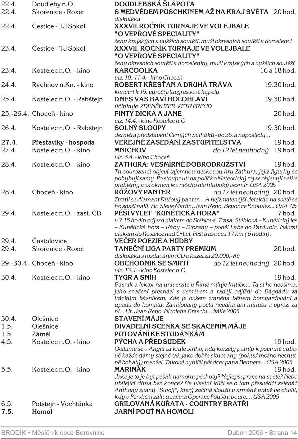 ROÈNÍK TURNAJE VE VOLEJBALE "O VEPØOVÉ SPECIALITY" ženy okresních soutìží a dorostenky, muži krajských a vyšších soutìží 23.4. Kostelec n.o. - kino KARCOOLKA 16 a 18 hod. viz. 10.-11.4. - kino Choceò 24.