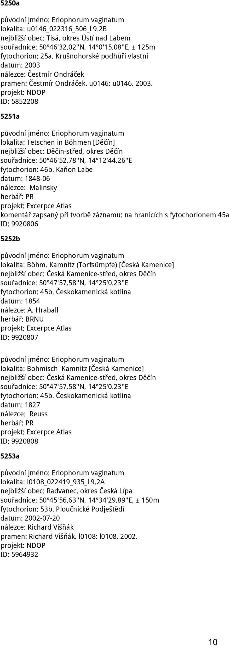 78''N, 14 12'44.26''E fytochorion: 46b. Kaňon Labe datum: 1848-06 nálezce: Malinsky komentář zapsaný při tvorbě záznamu: na hranicích s fytochorionem 45a ID: 9920806 5252b lokalita: Böhm.
