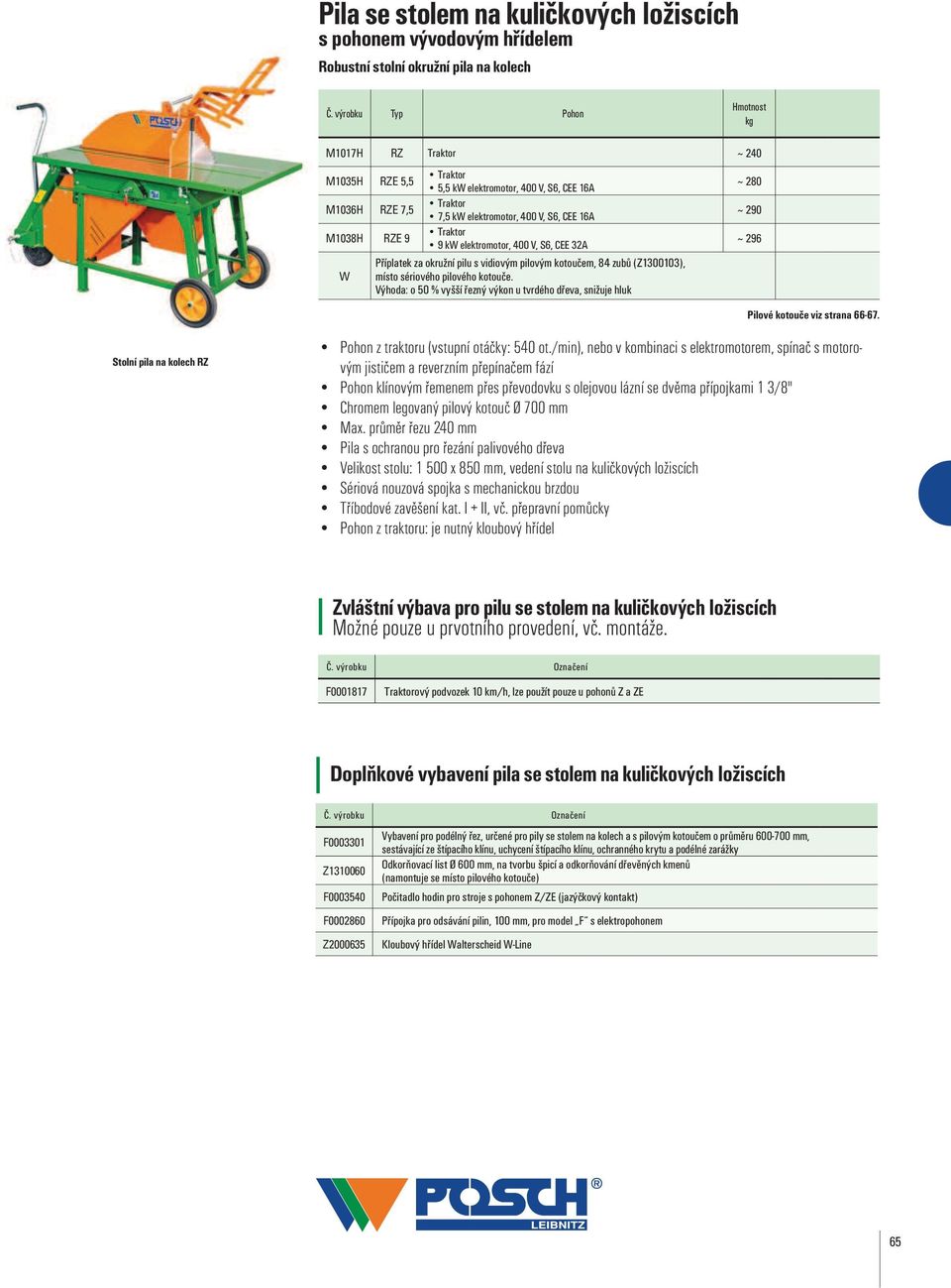 ~ 280 ~ 290 ~ 296 Stolní pila na kolech RZ Pohon z traktoru (vstupní otáčky: 540 ot.