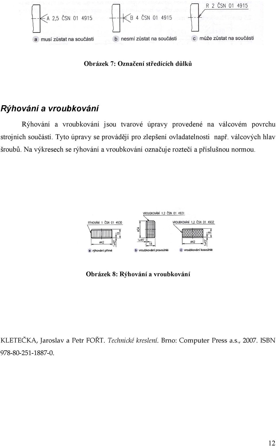 válcových hlav šroubů. Na výkresech se rýhování a vroubkování označuje roztečí a příslušnou normou.