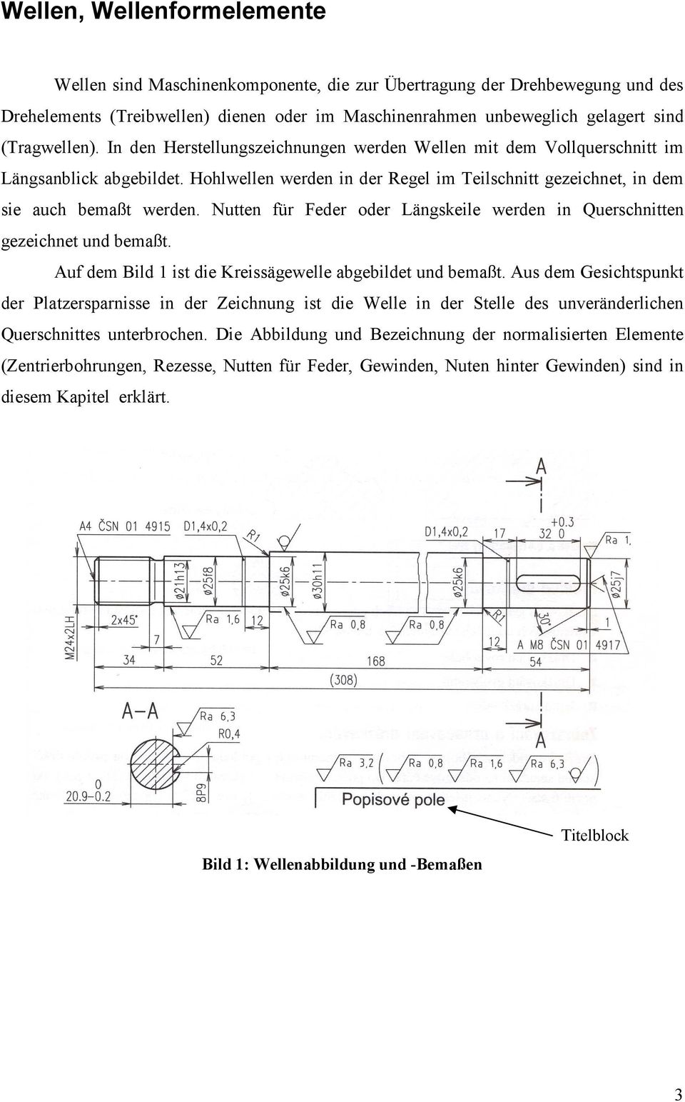 Nutten für Feder oder Längskeile werden in Querschnitten gezeichnet und bemaßt. Auf dem Bild 1 ist die Kreissägewelle abgebildet und bemaßt.