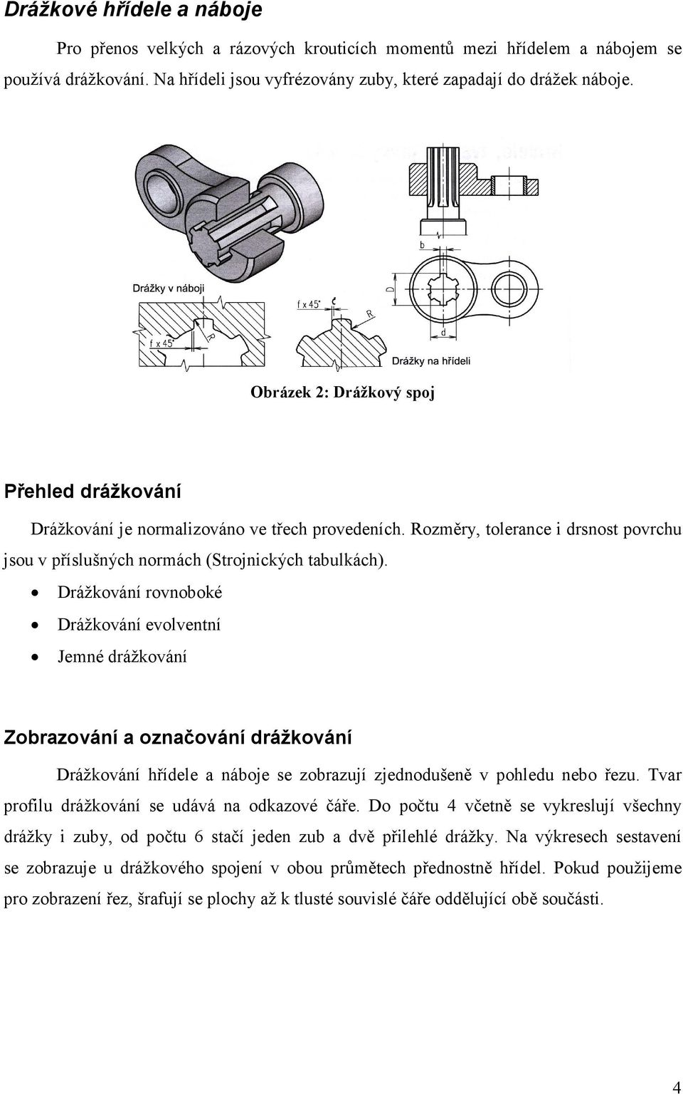 Drážkování rovnoboké Drážkování evolventní Jemné drážkování Zobrazování a označování drážkování Drážkování hřídele a náboje se zobrazují zjednodušeně v pohledu nebo řezu.