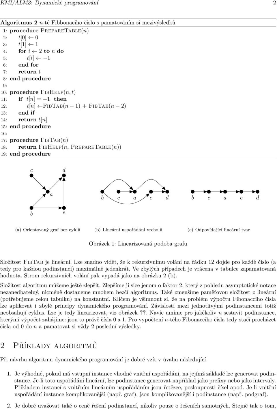 FibHelp(n, PrepareTable(n)) 19: end procedure c d a b c a e d b c a e d b e. (a) Orientovaný graf bez cyklů. (b) Lineární uspořádání vrcholů.