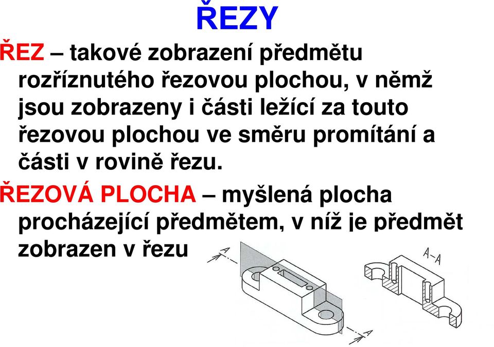 plochou ve směru promítání a části v rovině řezu.