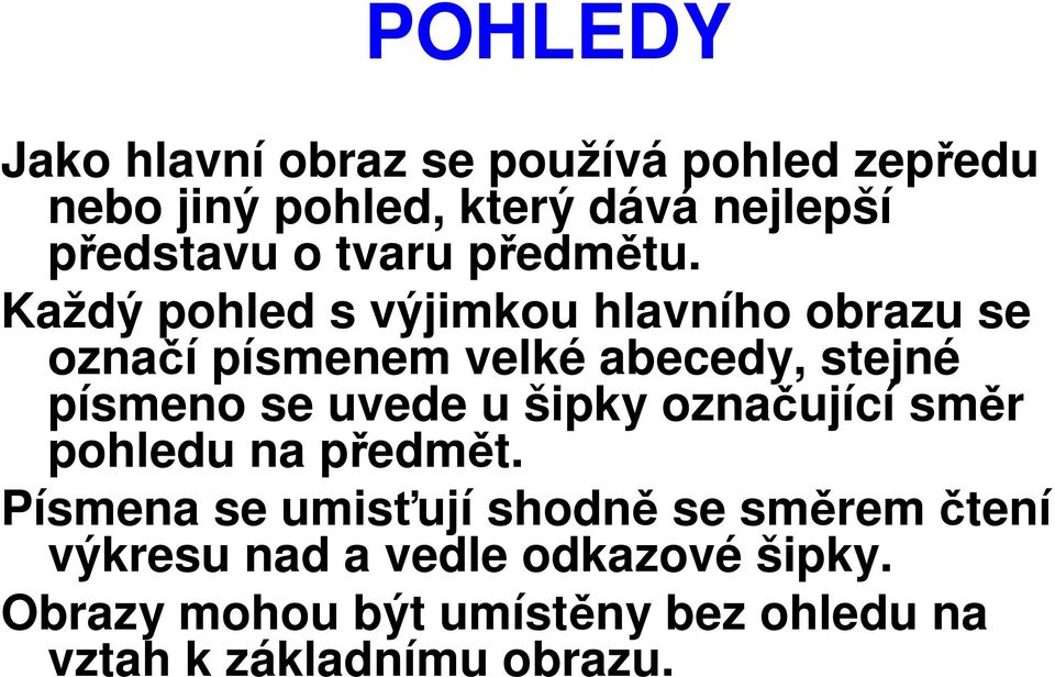 Každý pohled s výjimkou hlavního obrazu se označí písmenem velké abecedy, stejné písmeno se uvede u