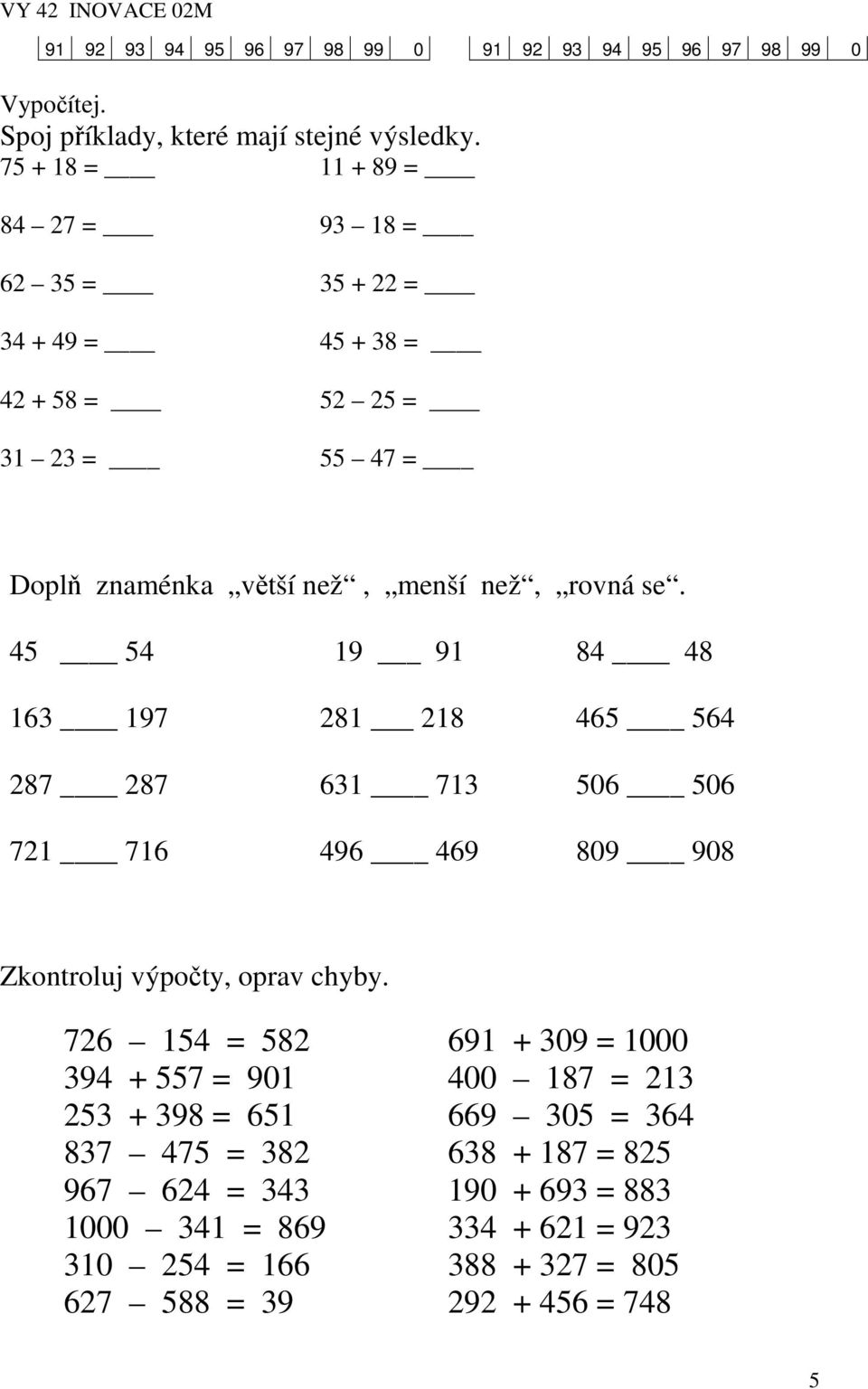 45 54 19 91 84 48 163 197 281 218 465 564 287 287 631 713 506 506 721 716 496 469 809 908 Zkontroluj výpočty, oprav chyby.