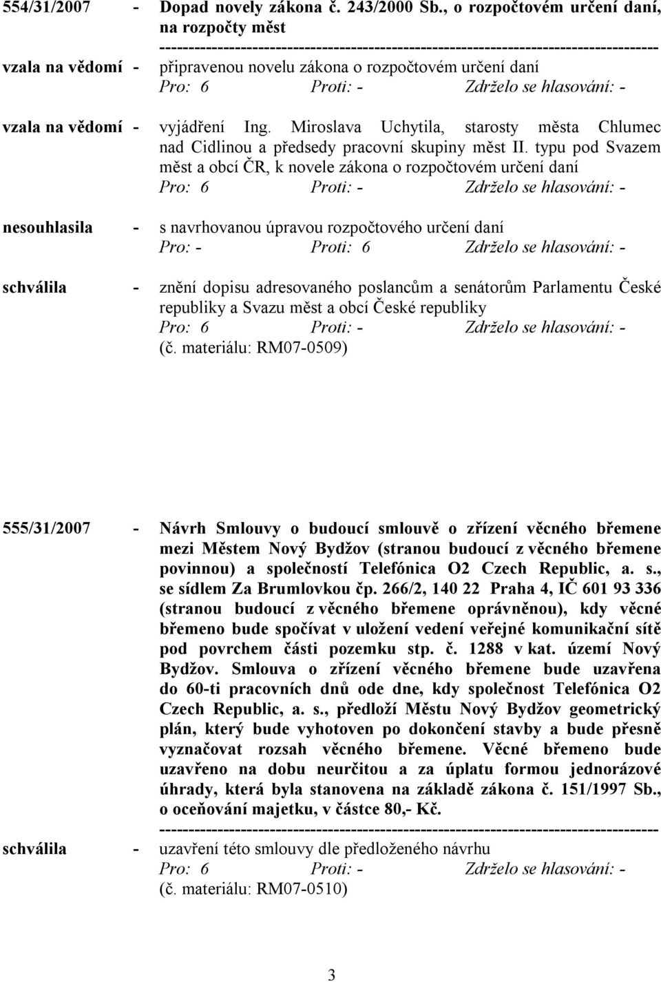 typu pod Svazem měst a obcí ČR, k novele zákona o rozpočtovém určení daní nesouhlasila - s navrhovanou úpravou rozpočtového určení daní Pro: - Proti: 6 Zdrželo se hlasování: - schválila - znění