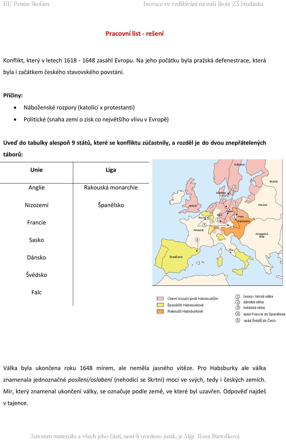 dvou znepřátelených táborů: Unie Anglie Nizozemí Liga Rakouská monarchie Španělsko Francie Sasko Dánsko Švédsko Falc Válka byla ukončena roku 1648 mírem, ale neměla jasného vítěze.