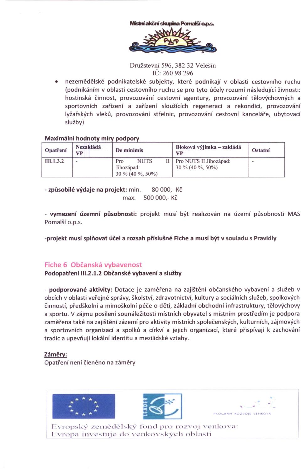 provozování cestovní kanceláře, ubytovací služby) Maximální hodnoty Opatření Nezakládá míry podpory De minimis Bloková výjimka - zakládá III.l.3.