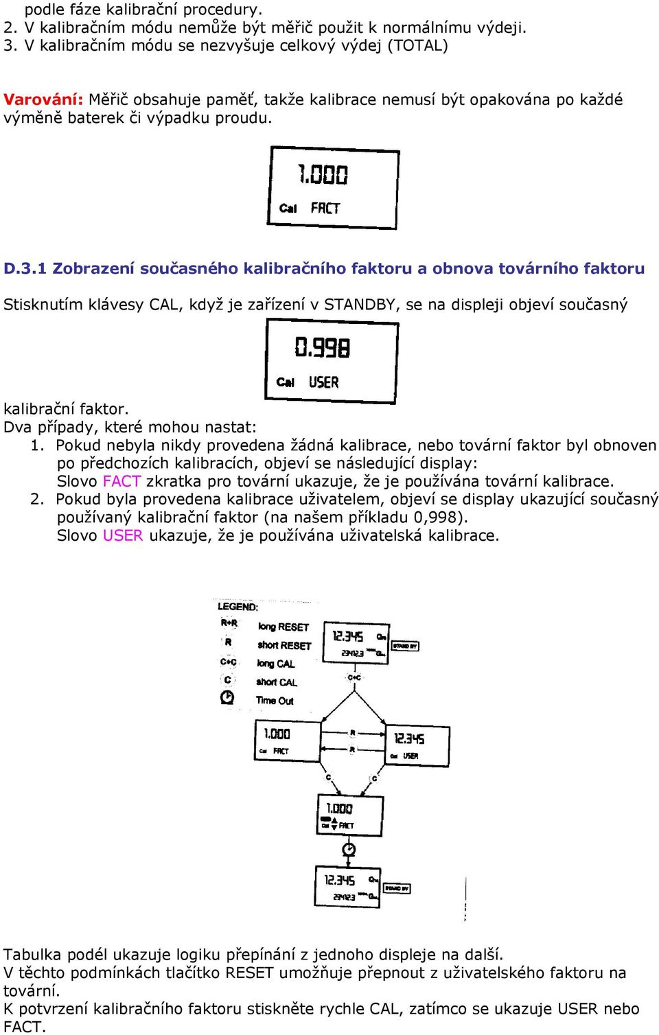 1 Zobrazení současného kalibračního faktoru a obnova továrního faktoru Stisknutím klávesy CAL, když je zařízení v STANDBY, se na displeji objeví současný kalibrační faktor.