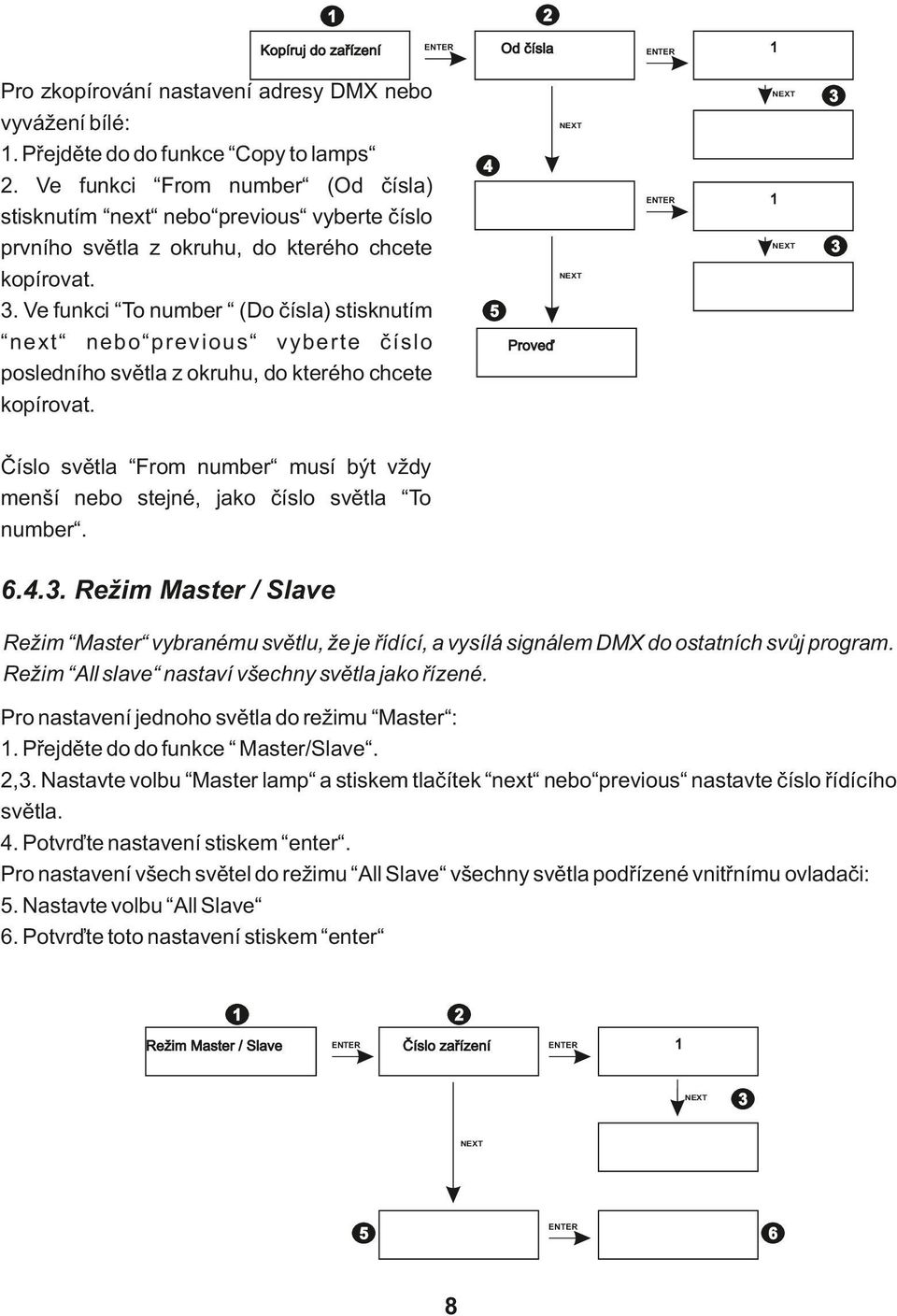 . Ve funkci To number (Do čísla) stisknutím next nebo previous vyberte číslo posledního světla z okruhu, do kterého chcete kopírovat.