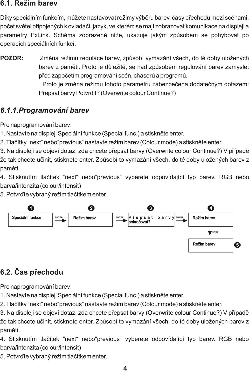 POZOR: Změna režimu regulace barev, způsobí vymazání všech, do té doby uložených barev z paměti.